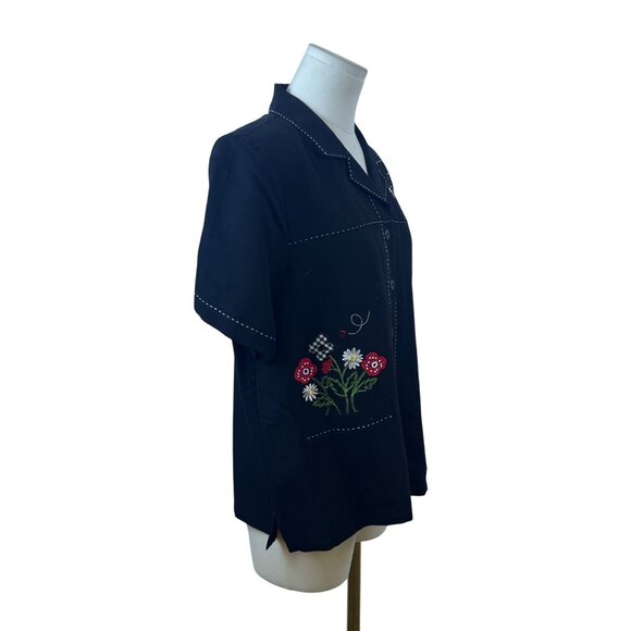 Alfred Dunner Women's Black Embroidered Floral Blouse Short Sleeve Size 8 - New - Picture 2 of 10
